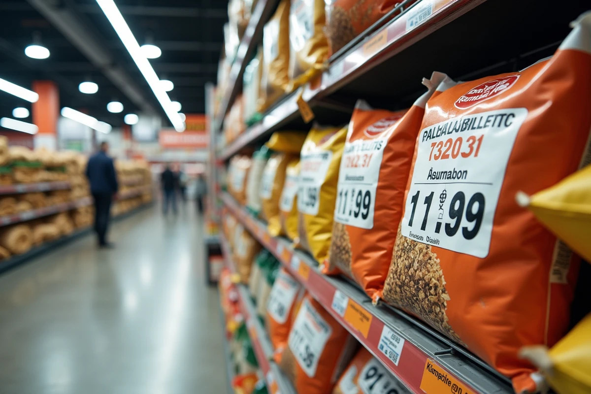 Comparaison de prix de sacs de pellets bois en rayon dans un supermarché Leclerc régional