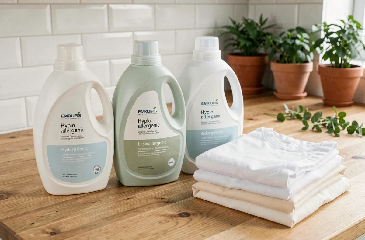 Comparatif de plusieurs flacons de lessive liquide hypoallergénique posés sur une surface en bois naturel avec des tissus blancs pliés