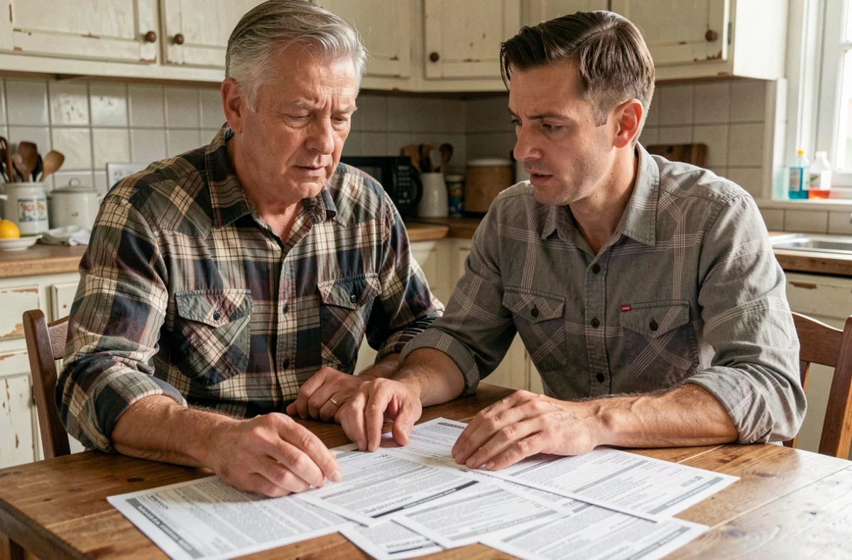 Homme comparant des devis de travaux pas chers étalés sur une table de cuisine en bois