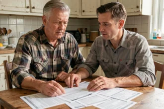 Homme comparant des devis de travaux pas chers étalés sur une table de cuisine en bois