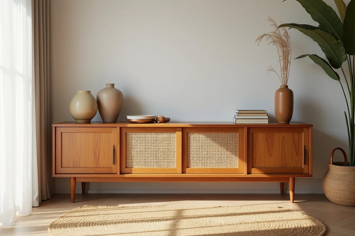 Console TV en bois iroko avec portes coulissantes et insert rotin dans un intérieur scandinave