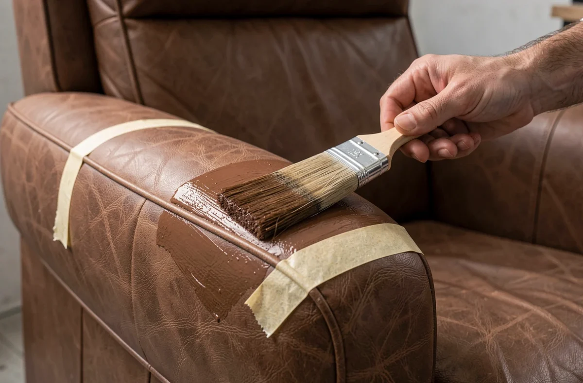 Couche fine de peinture au pinceau plat sur un accoudoir en cuir