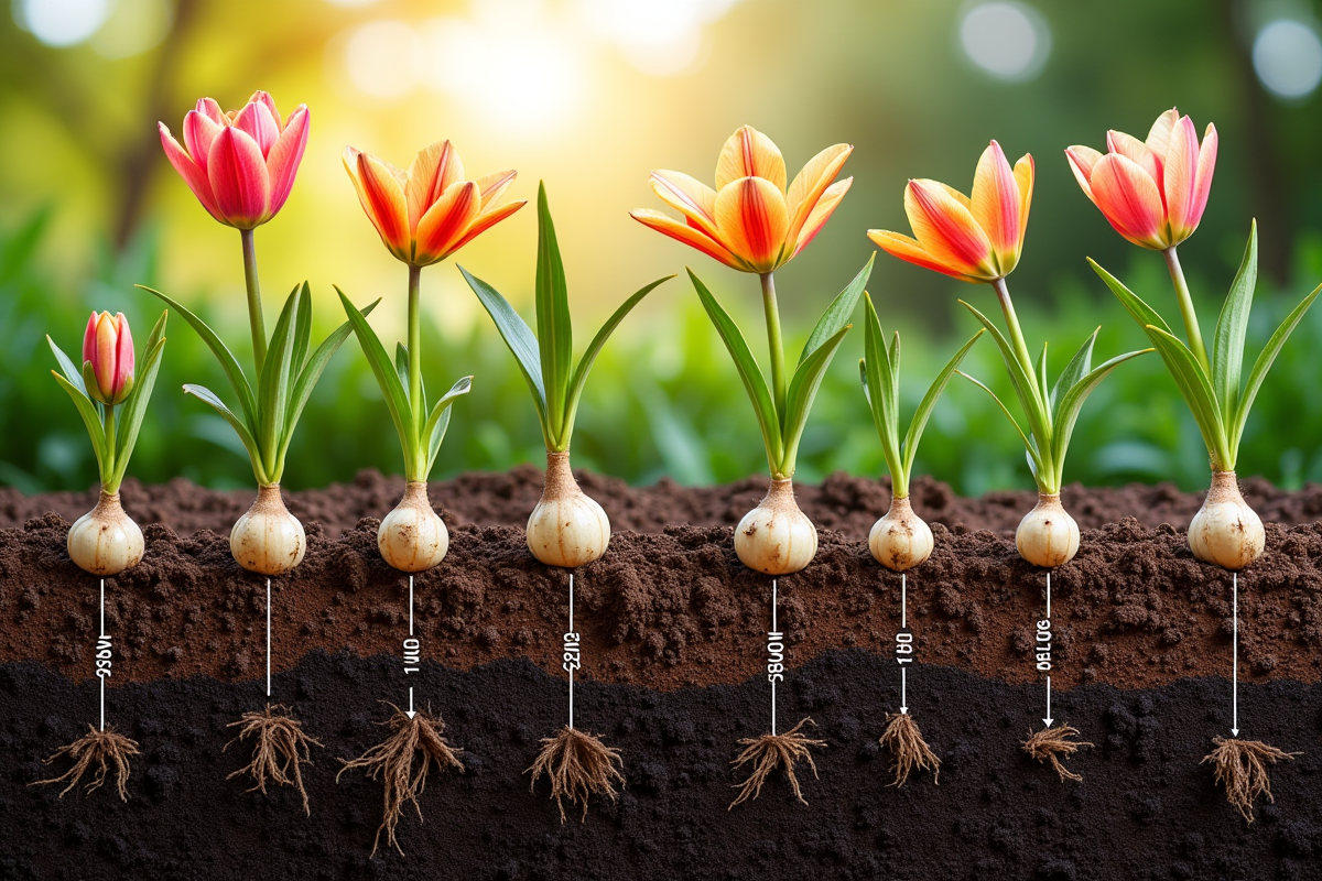 Coupes de lit de jardinage avec bulbes de lis à différentes profondeurs