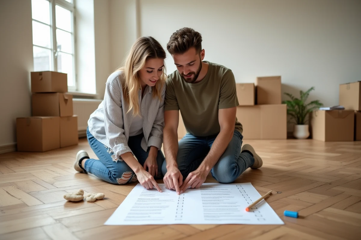 Couple agenouillé sur le parquet d'un salon vide examinant ensemble une grande checklist de déménagement entourés de cartons
