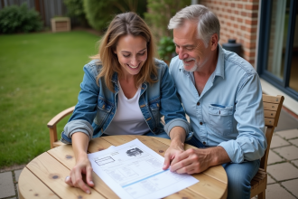 Couple regardant un devis terrasse en extérieur