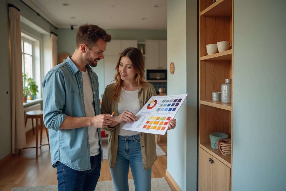 Jeune couple discute d un nuancier de couleurs dans un appartement
