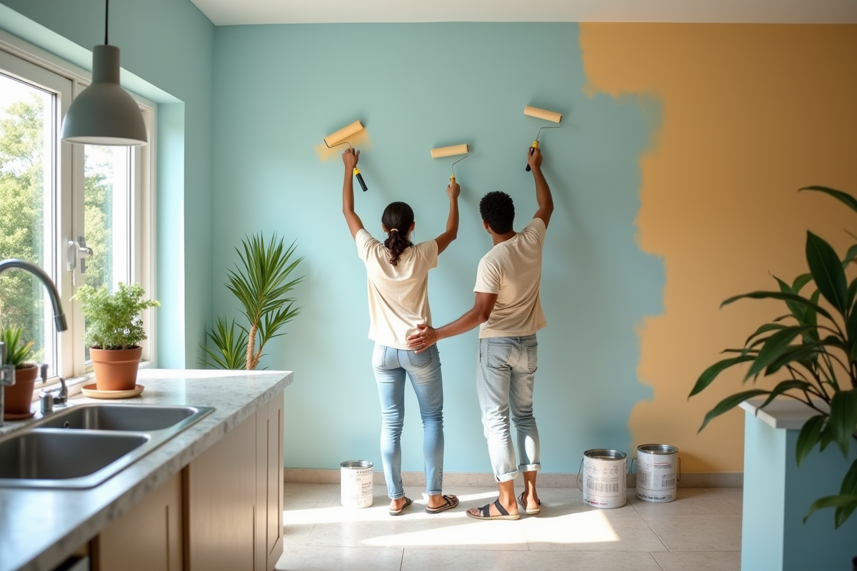 Jeune couple peignant un mur dans une cuisine lumineuse
