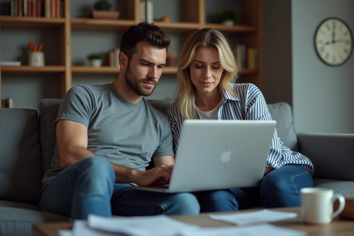 Couple consultant un portail administratif en ligne sur un ordinateur portable dans leur salon pour définir leur foyer fiscal commun