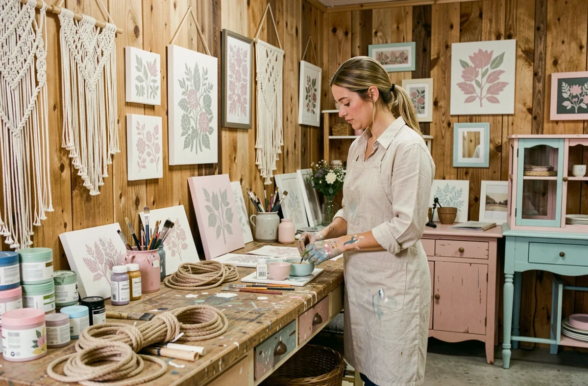 Atelier créatif CreAD'ZIF avec projets de décoration artisanale et artisane travaillant sur des créations personnalisées