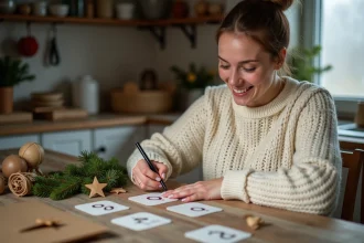 Femme créant un calendrier de l'avent personnalisé fait main avec des étiquettes numérotées et enveloppes kraft sur une table en bois rustique