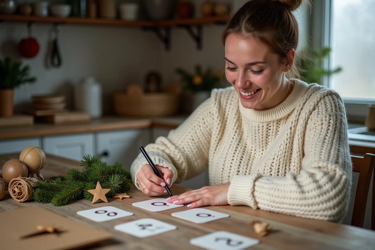 Femme créant un calendrier de l'avent personnalisé fait main avec des étiquettes numérotées et enveloppes kraft sur une table en bois rustique