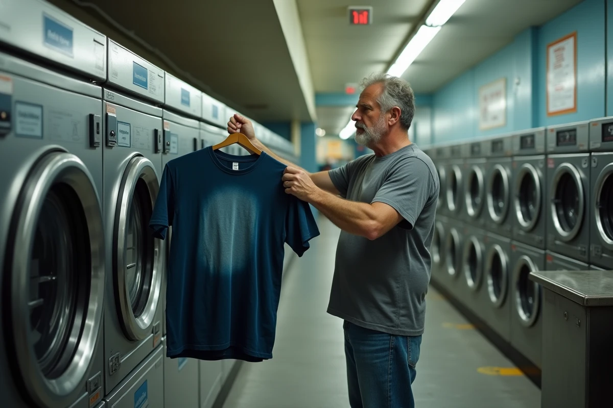 Homme inspectant un vêtement délavé dans une laverie automatique après un mauvais programme de lavage