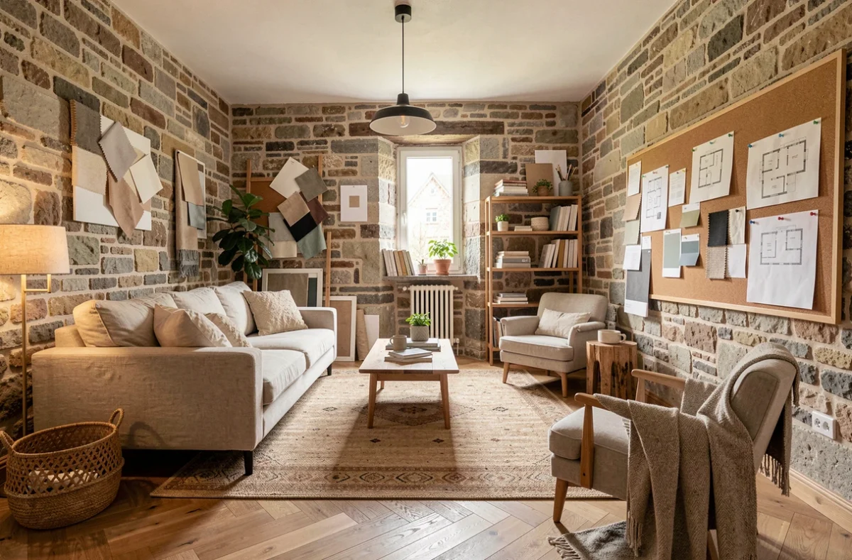 Studio de décoration intérieure en Normandie avec mobilier contemporain, murs en pierre et tableau d'inspiration