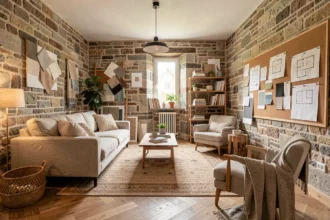 Studio de décoration intérieure en Normandie avec mobilier contemporain, murs en pierre et tableau d'inspiration