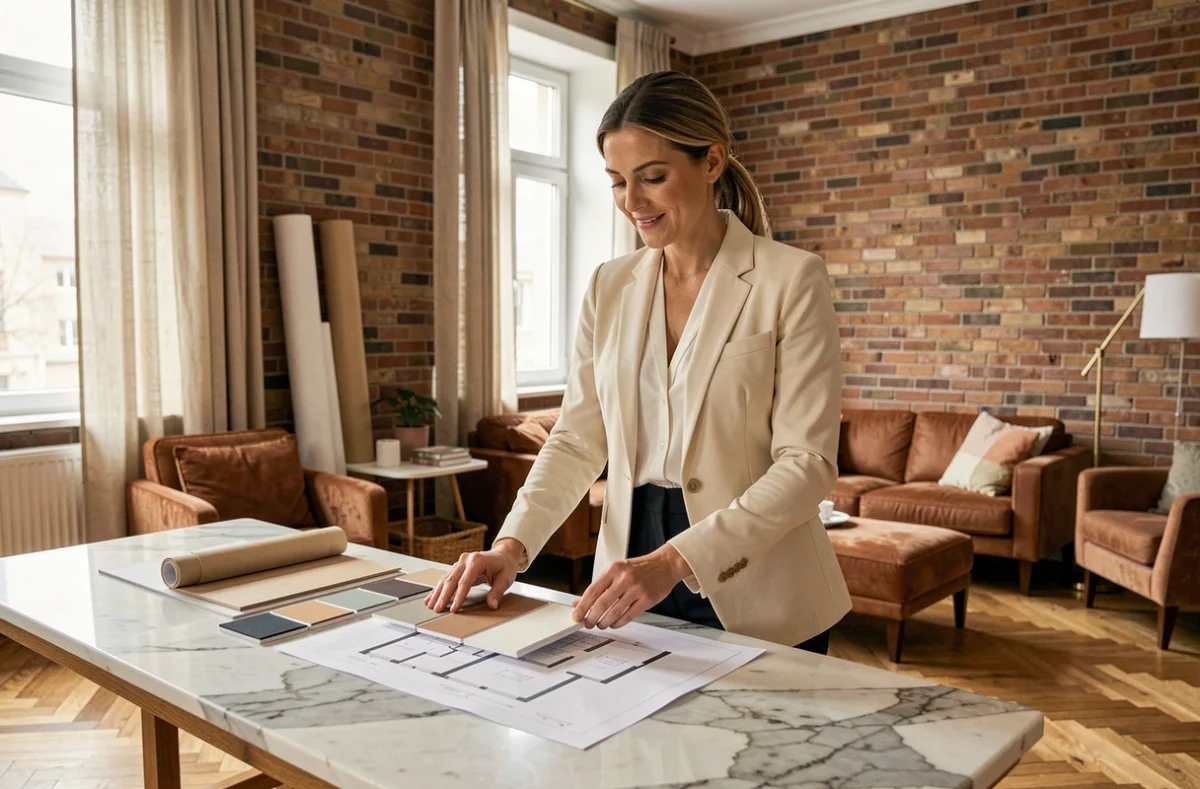 Décoratrice d'intérieur de l'agence LeSavoirFaireDéco à Lille étudiant des échantillons de matériaux pour un projet de rénovation haut de gamme