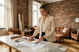 Décoratrice d'intérieur de l'agence LeSavoirFaireDéco à Lille étudiant des échantillons de matériaux pour un projet de rénovation haut de gamme