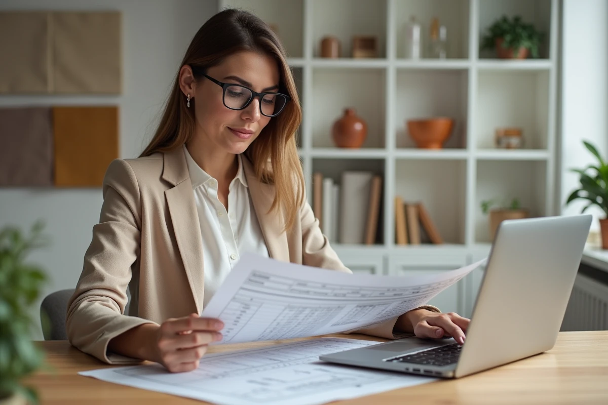 Décoratrice d'intérieur calculant un devis sur ordinateur portable avec des plans et des échantillons de tissu sur son bureau