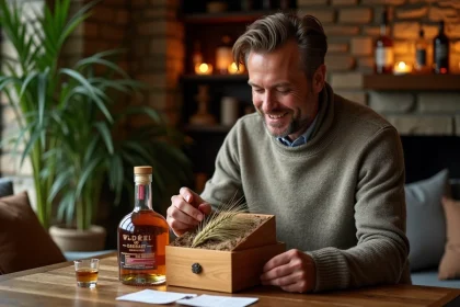 Homme dégustant un whisky artisanal dans un salon chaleureux