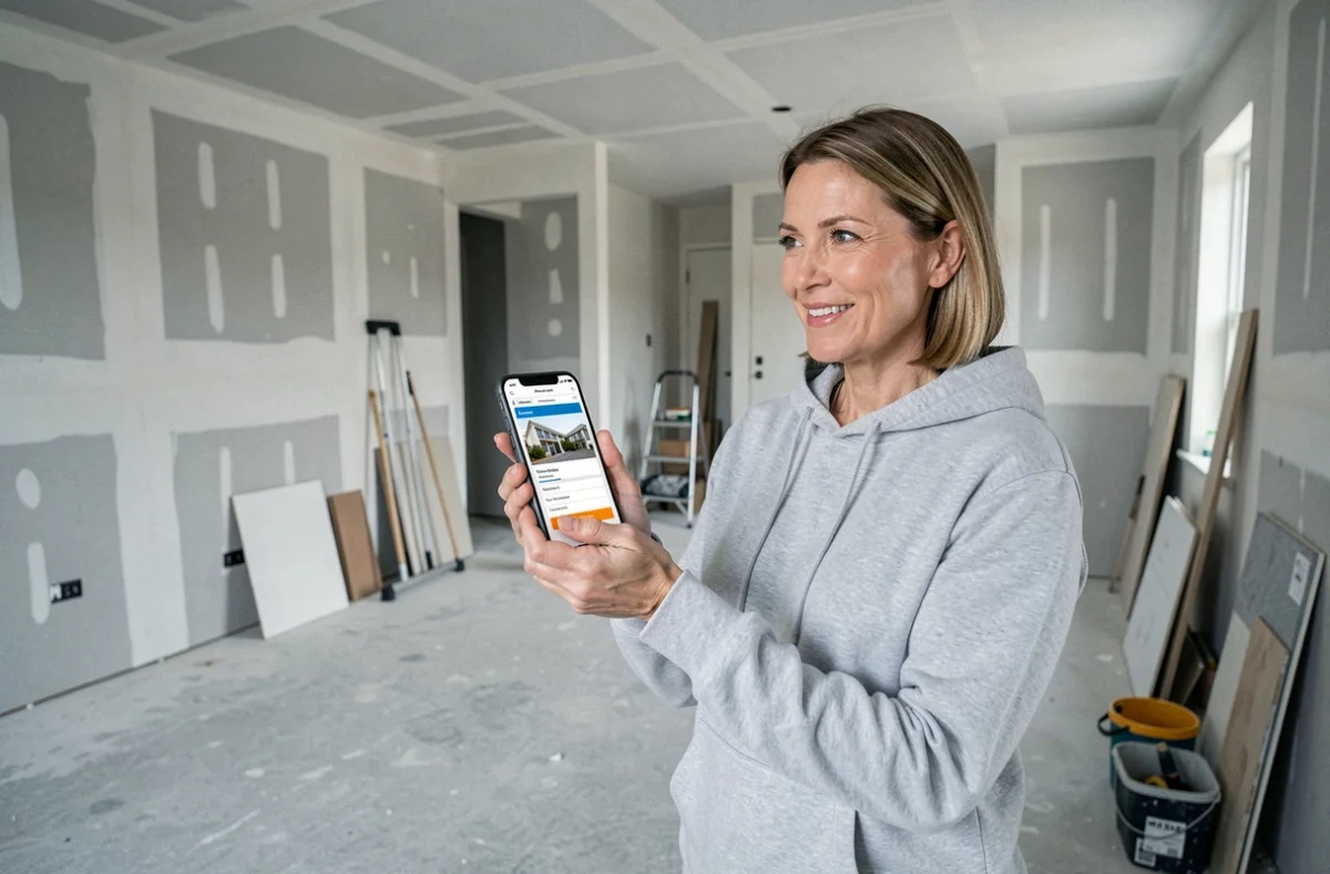Femme utilisant une application mobile pour demander des prix de travaux dans un salon en rénovation