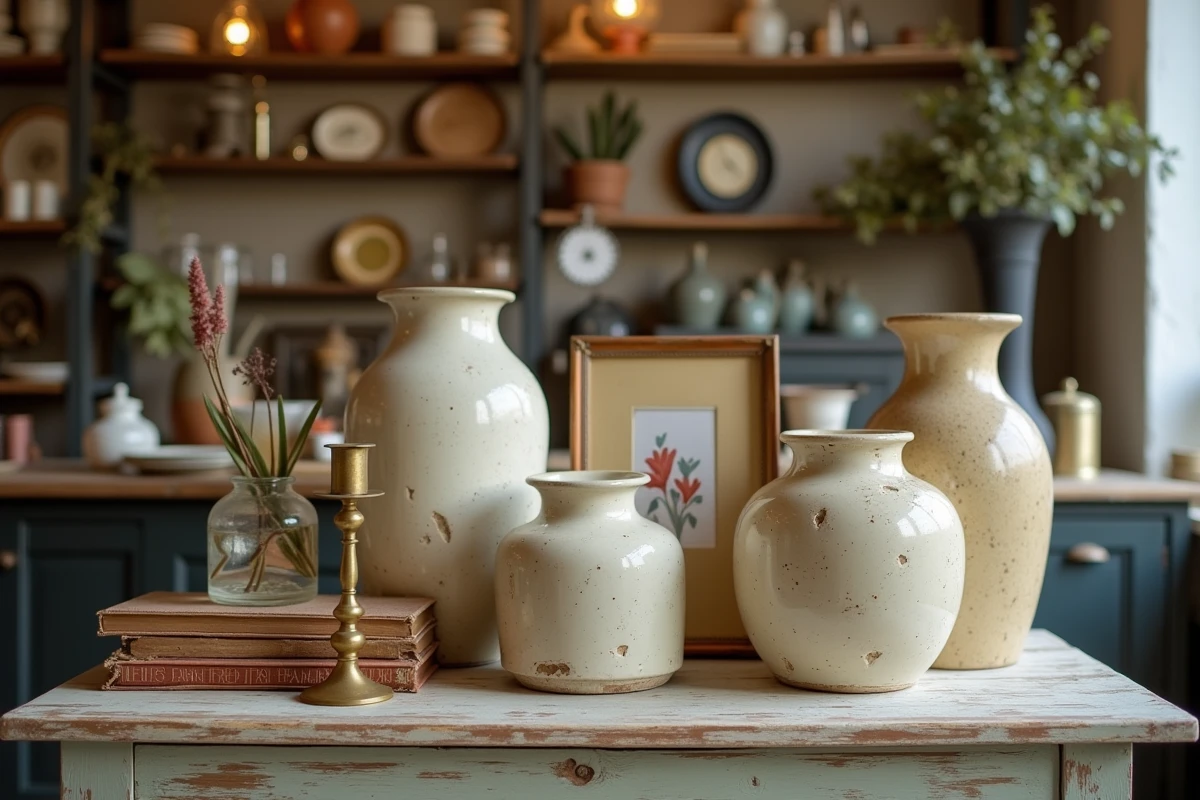 Objets de décoration vintage exposés sur une table dans un dépôt-vente de déco à Caen