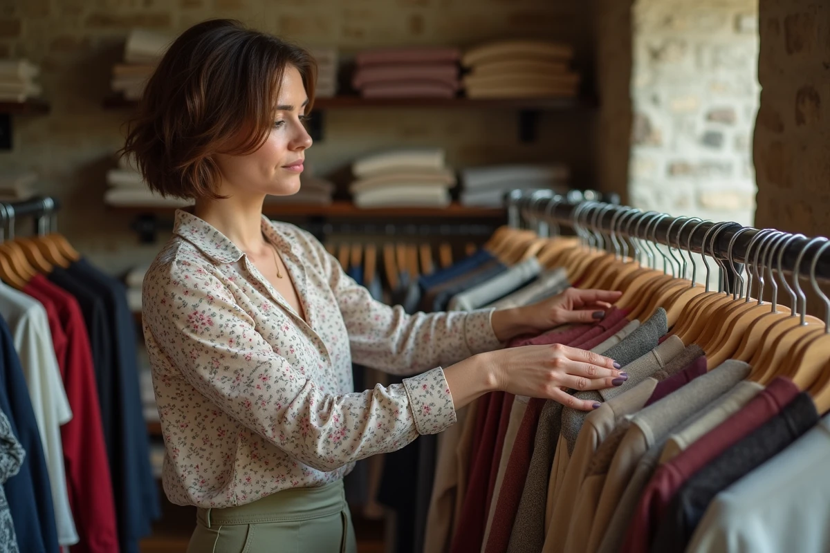 Femme qui fait du shopping dans un dépôt-vente de vêtements à Caen avec des murs en pierre normande