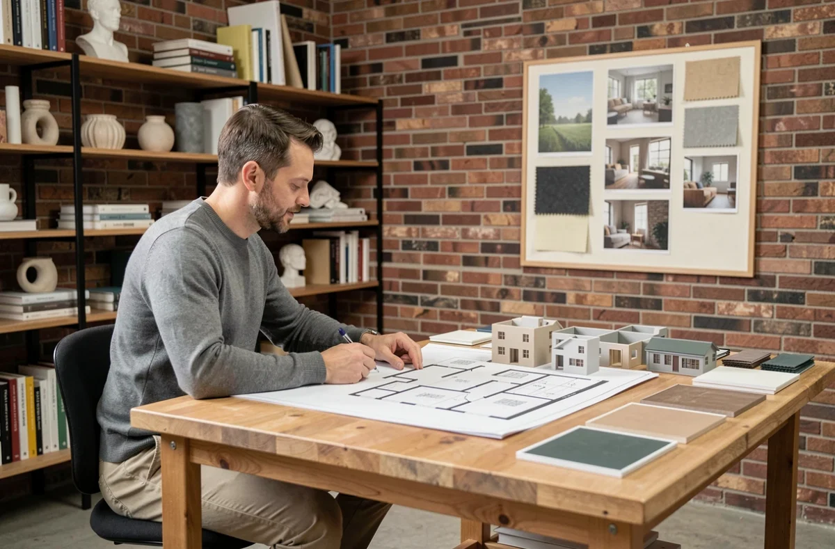 Designer d'intérieur analysant un plan de rénovation avec des échantillons de matériaux dans un studio créatif