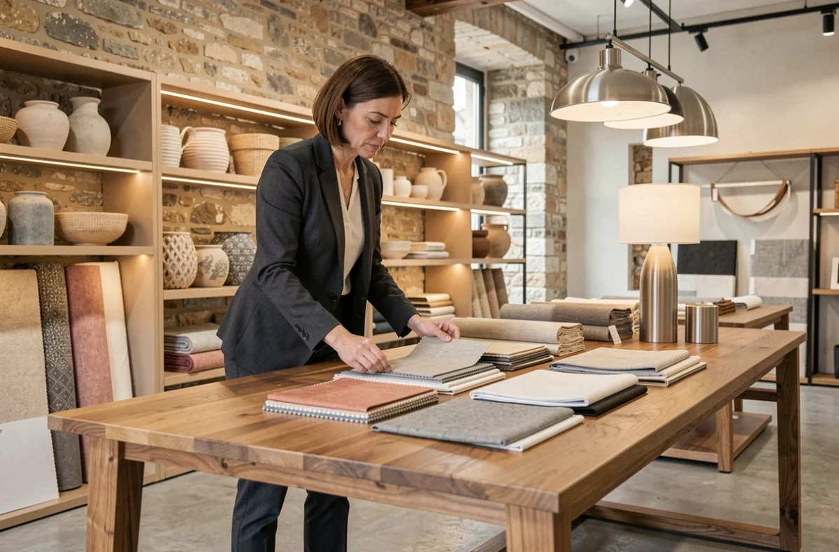 Designer professionnelle examinant des échantillons de matériaux dans un showroom de décoration à Lyon