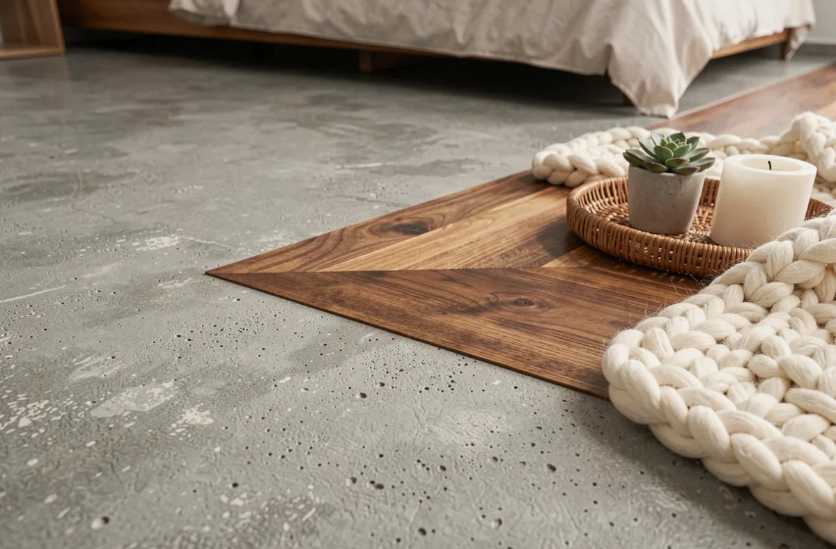 Détail de sol en béton brut avec insert en parquet noyer, plaid en laine chunky et plateau rotin pour apporter chaleur et texture à la décoration intérieure