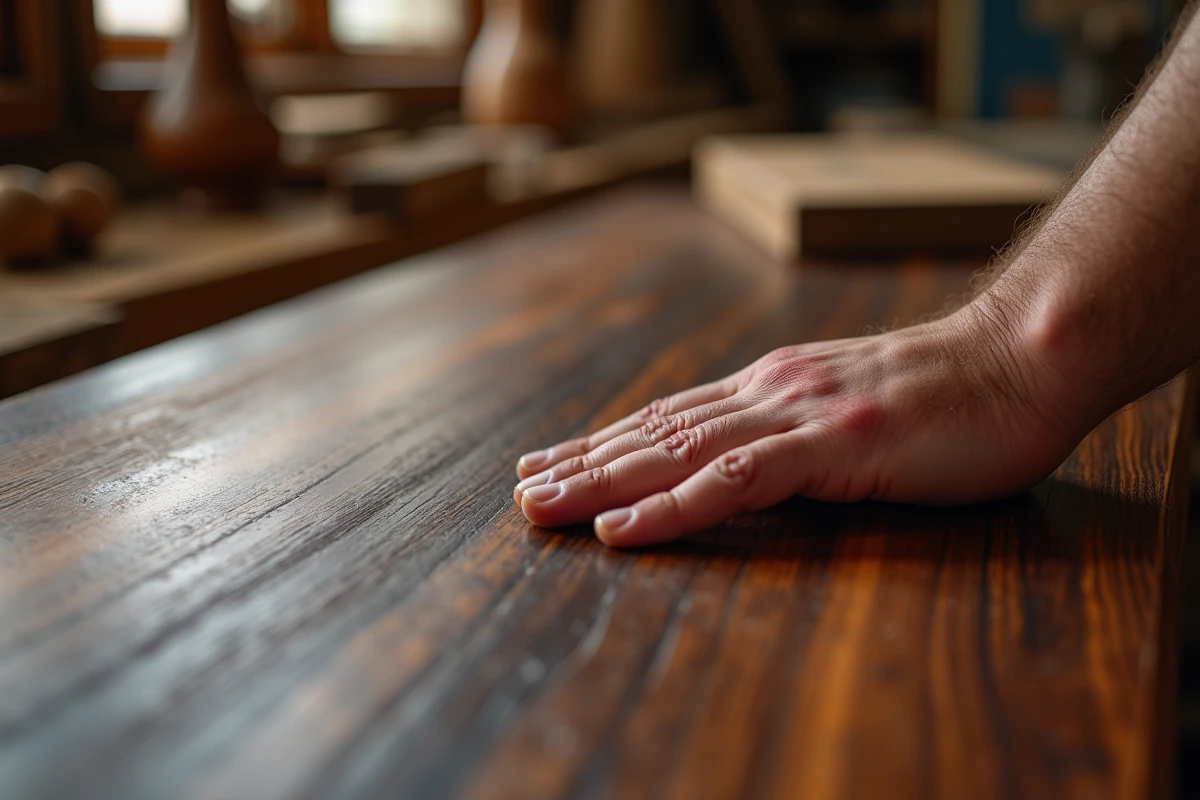 Détail du grain de bois wengé sur un meuble TV artisanal avec finition huile mate