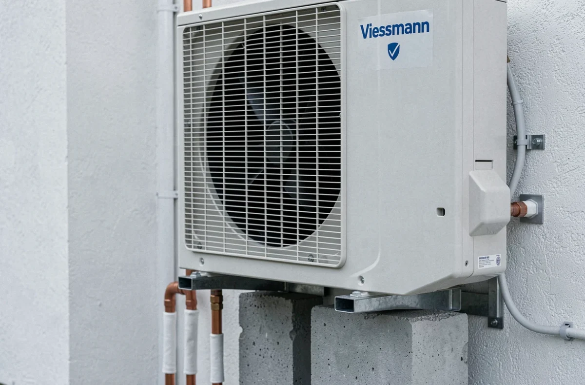 Détail des tuyauteries et du groupe extérieur d'une pompe à chaleur Viessmann installée sur dalle béton