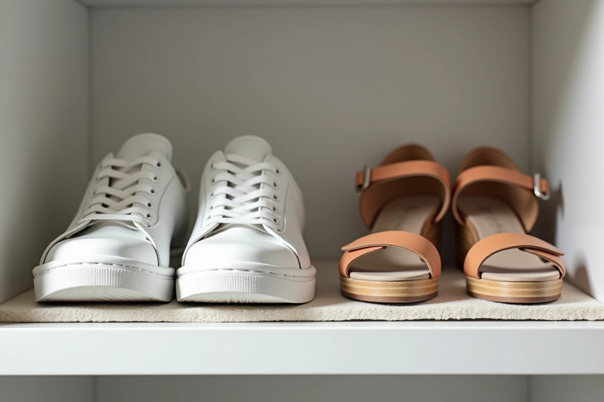 Détail intérieur d'un meuble Nano avec baskets et sandales à talons protégées dans leurs compartiments