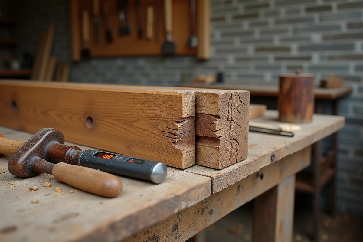 Détail d'une ancienne porte en chêne massif posée sur un établi, montrant l'assemblage à mortaise et tenon et un testeur d'humidité pour évaluer l'état du bois