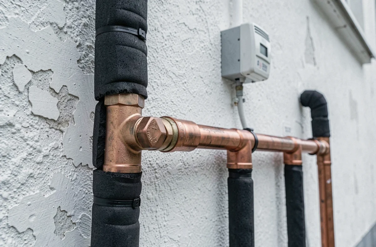 Détail des tuyaux en cuivre et des raccords isolés reliant une pompe à chaleur air-eau au réseau de chauffage intérieur