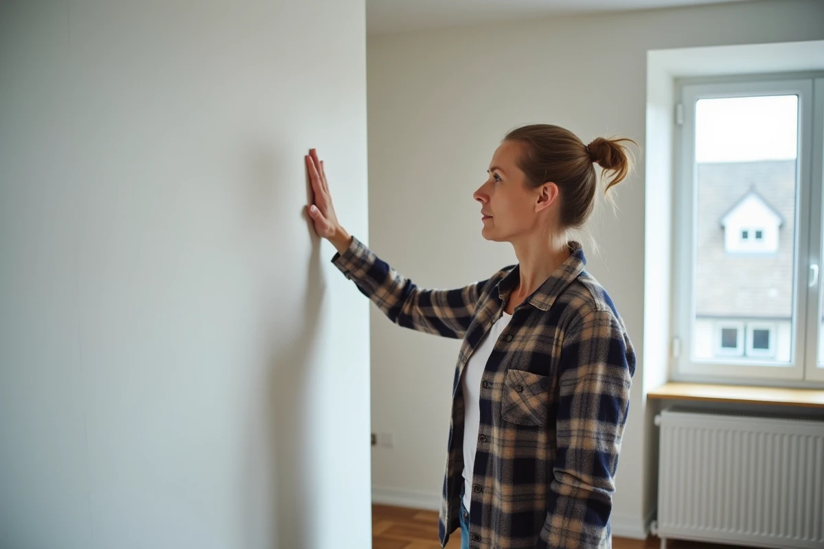Femme détectant une zone froide sur un mur intérieur mal isolé avec du placo insuffisant