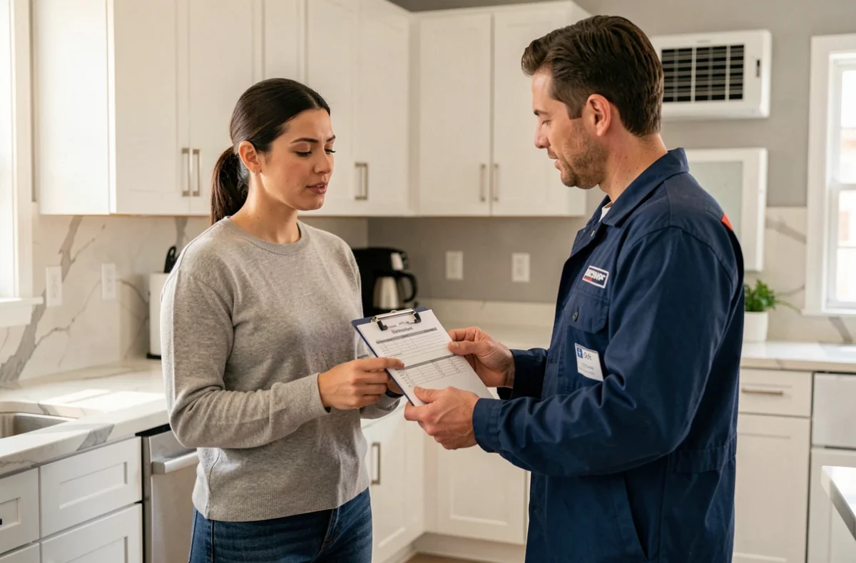 Propriétaire discutant du tarif d'entretien de sa pompe à chaleur Daikin avec un technicien à domicile