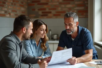 Entrepreneur en bâtiment présentant un devis de rénovation clés en main à un couple dans une cuisine en travaux