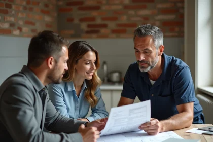 Entrepreneur en bâtiment présentant un devis de rénovation clés en main à un couple dans une cuisine en travaux