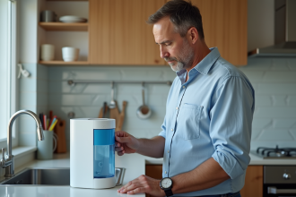 Homme examine un systeme de purification d'eau en cuisine