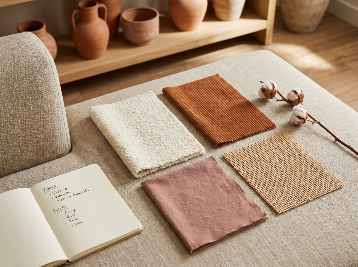 Échantillons de tissus chaleureux pour canapé – bouclé, velours côtelé et coton brossé disposés sur lin naturel