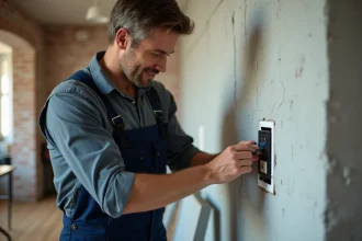 Électricien en tenue de travail installant une prise électrique dans un appartement rénové