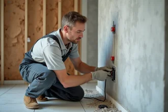 Électricien en travaux installant prises modernes dans un salon neuf