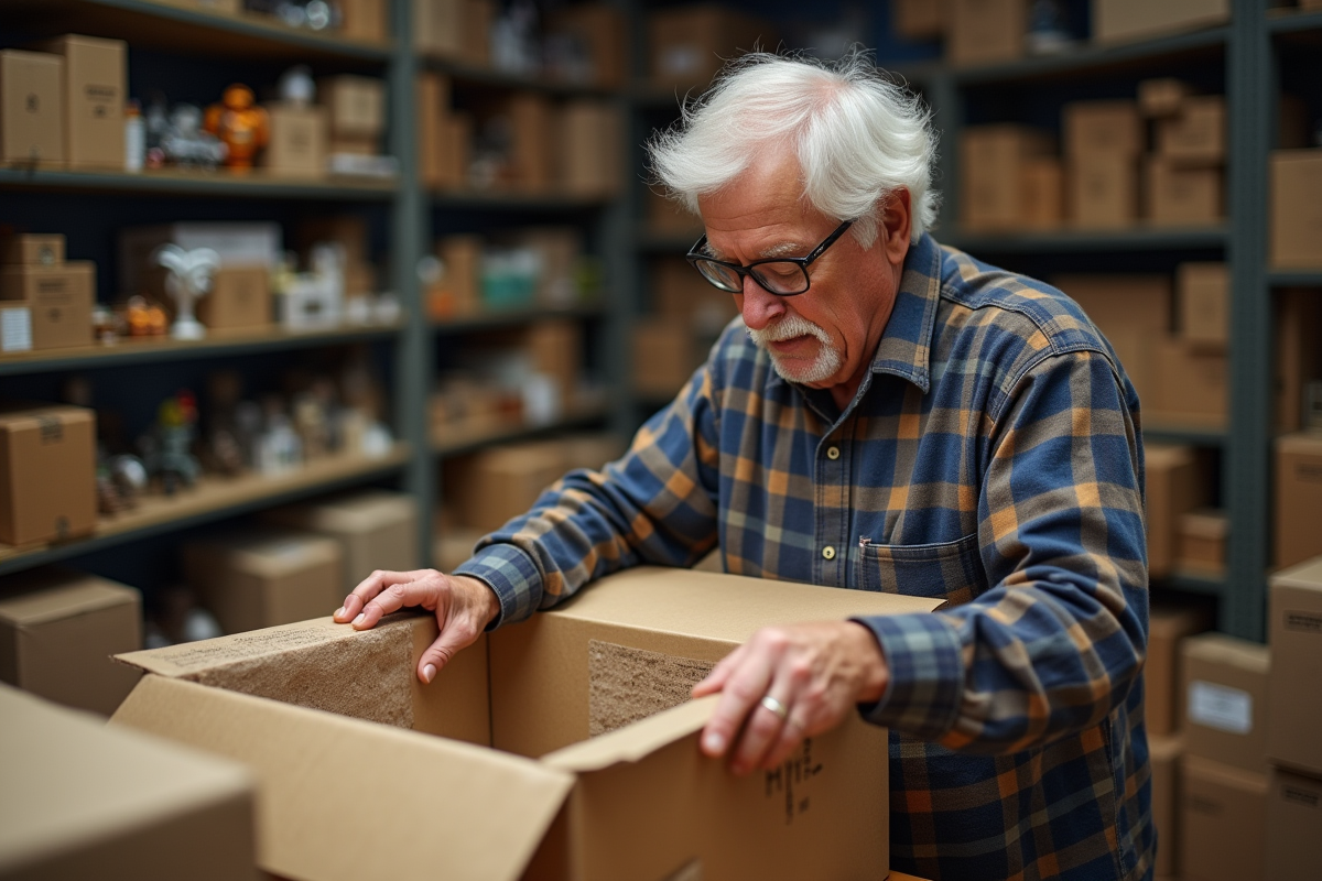 Homme âgé préparant un colis de figurines dans son atelier