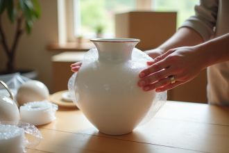 Mains enveloppant une vase en porcelaine dans du papier bulle
