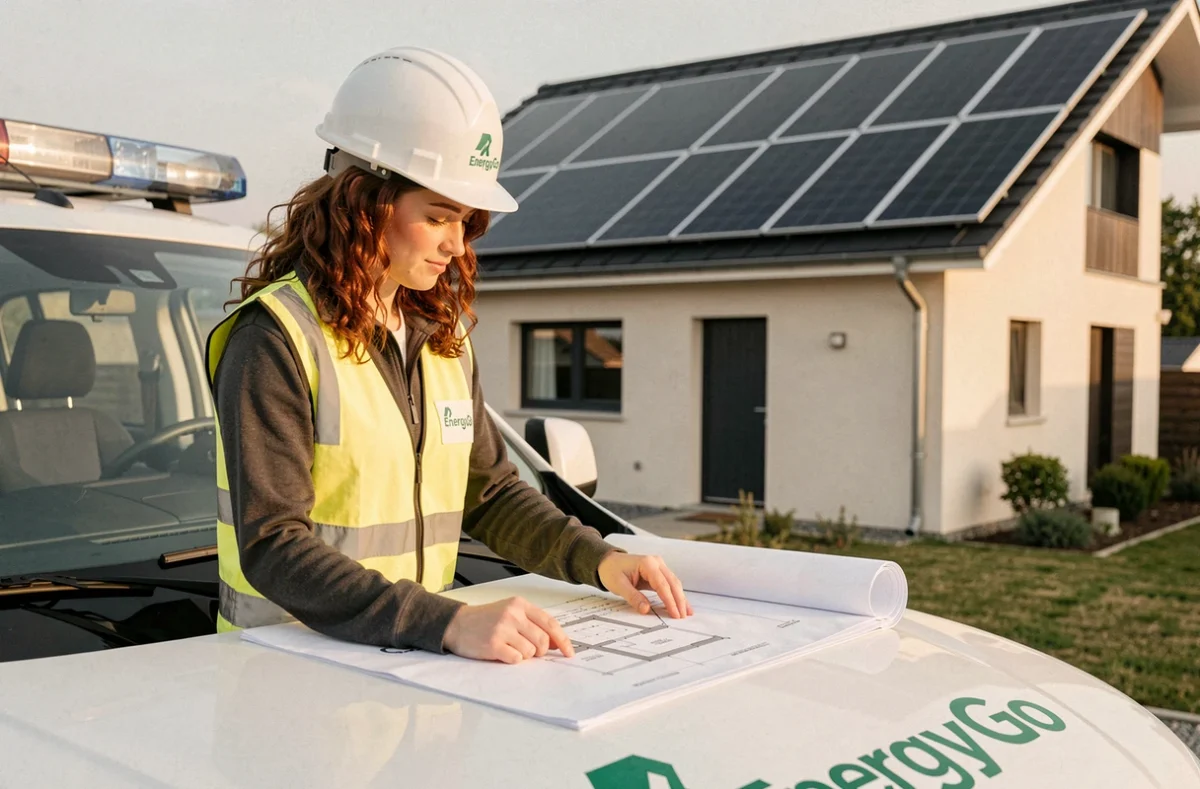 Spécialiste EnergyGo analysant les plans d'installation solaire devant une maison dans l'Oise