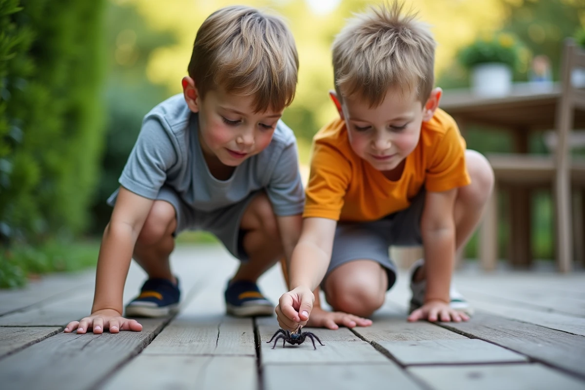 Deux enfants observant avec curiosité une araignée maison sur une terrasse de jardin en France