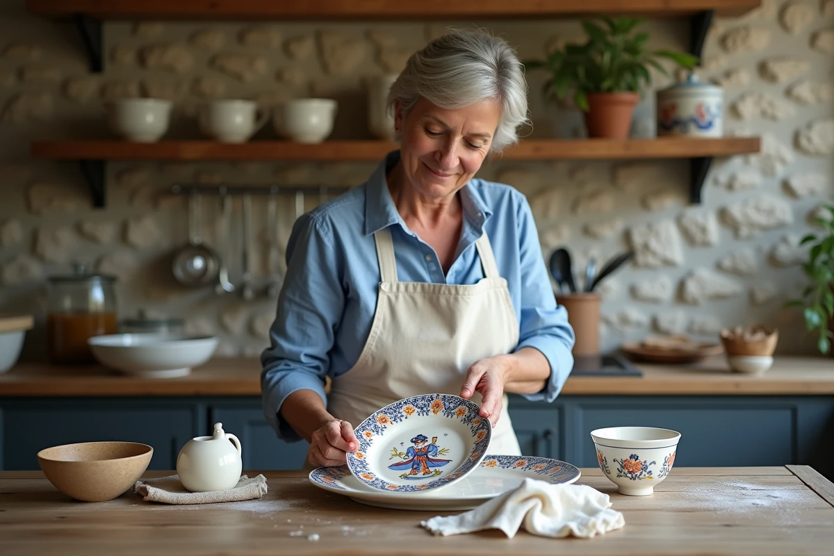 Femme entretenant une assiette en faïencerie Henriot Quimper avec un chiffon doux dans une cuisine bretonne en pierre
