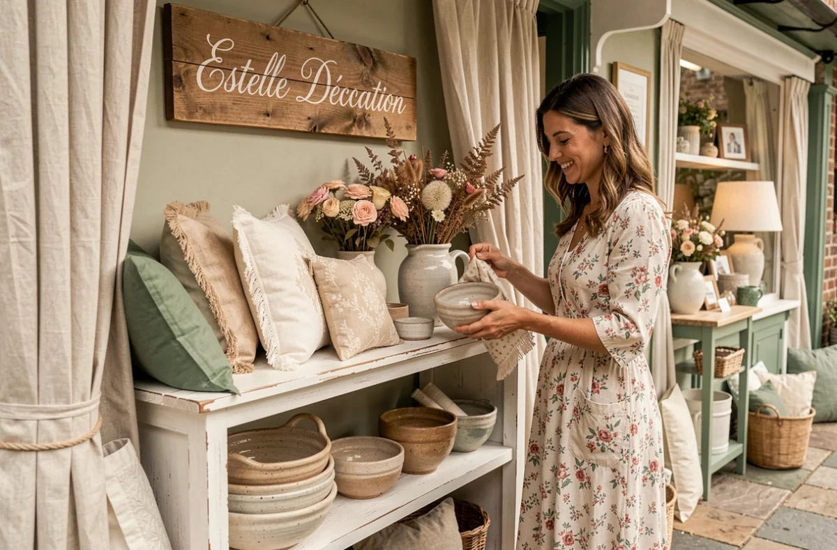 Boutique Estelle Décoration avec accessoires de style campagne française et décoratrice arrangeant un présentoir