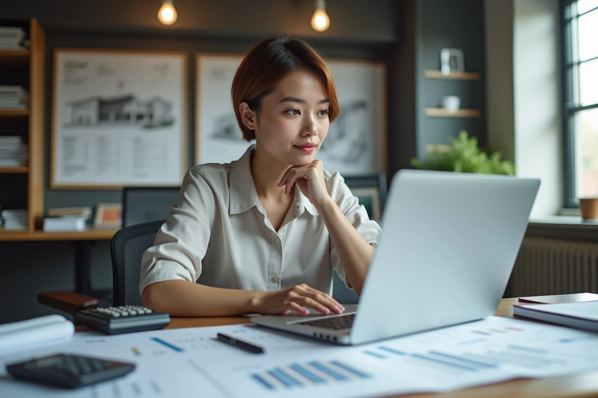 Femme estimatrice analysant un devis dans un bureau professionnel