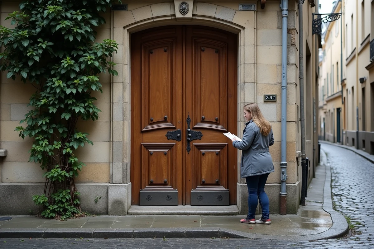 Femme évaluant un ancien portail double en bois sur la façade en pierre d'une maison ancienne, inspectant le cadre pour détecter des déformations ou des jeux dans les pentures