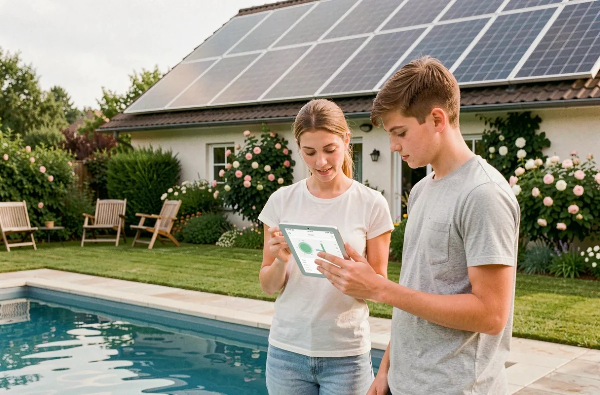 Famille consultant une application de suivi solaire près de leur piscine chauffée par des panneaux solaires